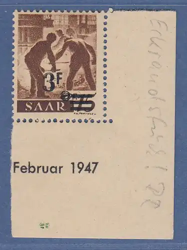 Saarland 1947 Mi.-Nr. 230 Z I Urdruck ECKRANDSTÜCK ungebraucht *