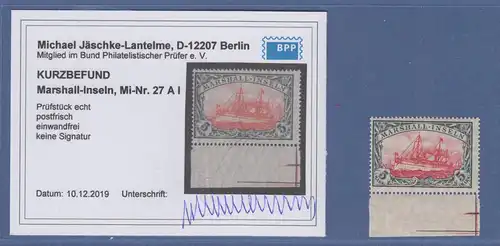 Dt. Kolonien Marshall-Inseln 5 Mark mit Wz. Mi.-Nr. 27 A I Unterrandstück **