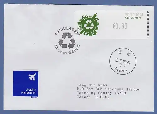 Portugal 2009 ATM Recycling Monétel Mi.-Nr. 67 Wert 0,80 auf FDC nach Taiwan