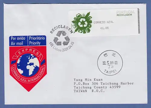 Portugal 2009 ATM Recycling Monétel Mi.-Nr. 67 AZUL 1,85 auf FDC nach Taiwan