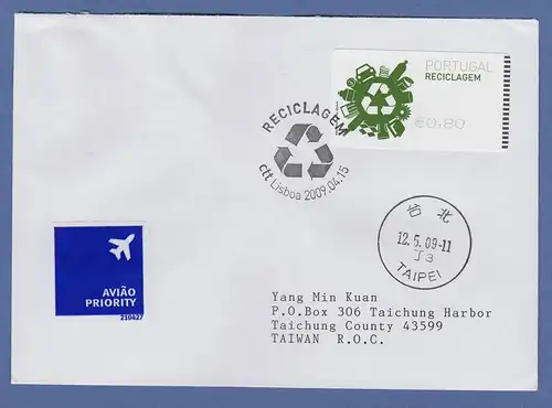 Portugal 2009 ATM Recycling SMD Mi.-Nr. 66.1 Wert 0,80 auf FDC nach Taiwan
