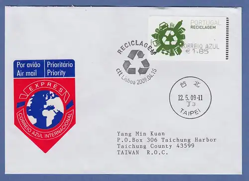 Portugal 2009 ATM Recycling SMD Mi.-Nr. 66.1 Wert AZUL 1,85 auf FDC nach Taiwan