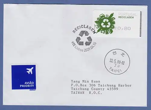 Portugal 2009 ATM Recycling Amiel Mi.-Nr. 66.2 Wert 0,80 auf FDC nach Taiwan