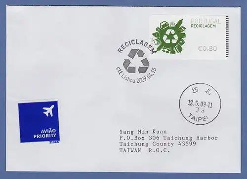 Portugal 2009 ATM Recycling NewVision Mi.-Nr. 66.3 Wert 0,80 auf FDC nach Taiwan
