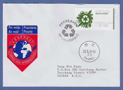 Portugal 2009 ATM Recycling NewVision Mi.-Nr. 66.3 AZUL 1,85 auf FDC nach Taiwan