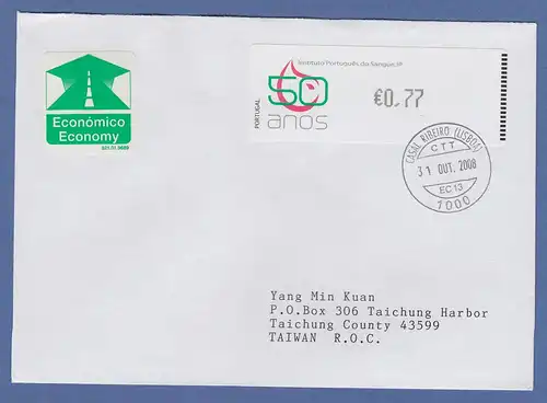 Portugal 2008 ATM Blutbank Monétel Mi-Nr. 65 Wert 0,77 auf FDC nach Taiwan