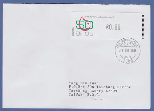 Portugal 2008 ATM Blutbank Monétel Mi-Nr. 65 Wert 0,80 auf FDC nach Taiwan