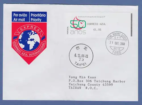 Portugal 2008 ATM Blutbank Monétel Mi-Nr. 65 Wert AZUL 1,85 auf FDC nach Taiwan