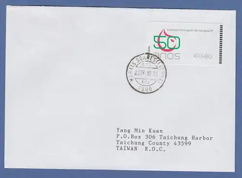 Portugal 2008 ATM Blutbank NewVision Mi-Nr 64.3 Wert 0,80 auf FDC nach Taiwan