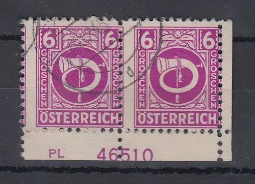 Österreich 1946 Freimarke Posthorn 6Pfg Mi.-Nr. 725 Eckrandpaar mit Pl.-Nummer O
