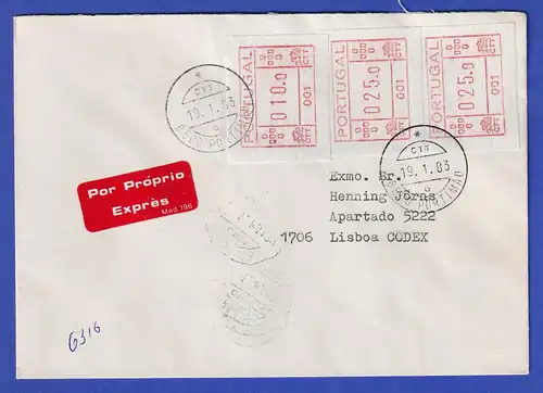 Portugal seltener Eil-Brief mit 3 Orts-ATM 001 und Orts-O Portimao 19.1.1983 