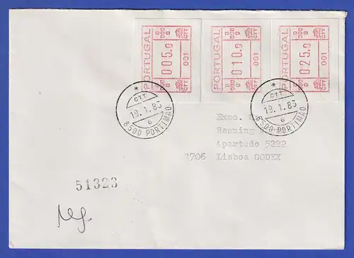 Portugal seltener R-Brief mit 3 Orts-ATM 001 und Orts-O Portimao 19.1.1983  !