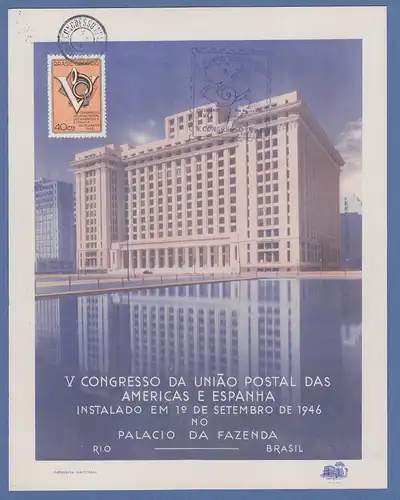 Brasilien 1946 amtl. Gedenkblatt 5. Postunions-Kongress Amerika-Spanien in Rio