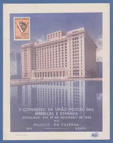 Brasilien 1946 amtl. Gedenkblatt 5. Postunions-Kongress Amerika-Spanien in Rio *