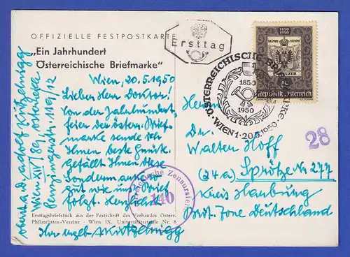 Österreich 100 Jahre Briefmarken Mi.-Nr. 950 auf Karte, Ersttag 20.5.1950 ! FDC