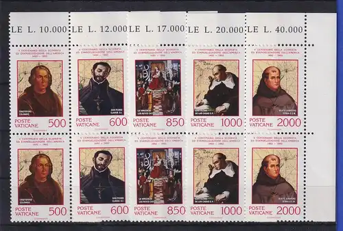 Vatikan 1992 Entdeckung Amerikas Mi.-Nr. 1051-1055 Eckrandpaare **