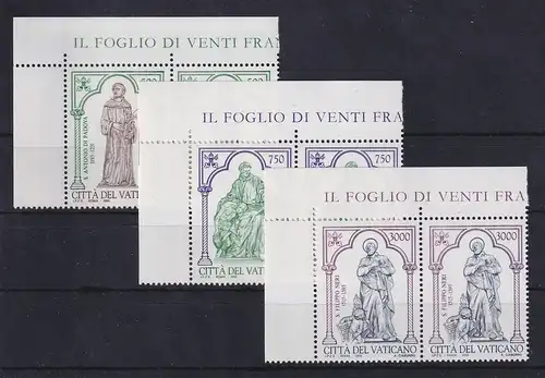 Vatikan 1995 hl. Antonius und andere Mi.-Nr. 1158-1160 Eckrandpaare **