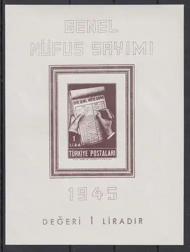 Türkei 1945 Volkszählung Mi.-Nr. 1172 Blockausgabe Block 3 **