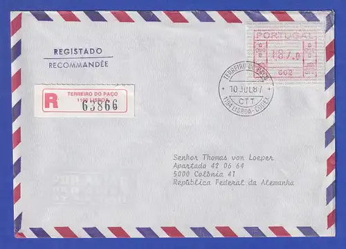 Portugal Frama-ATM Nr. 002 Wert 187,0 auf R-Brief vom Letzttag 10.7.1987