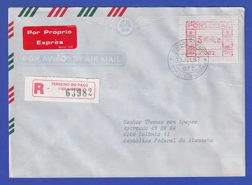 Portugal Frama-ATM Nr. 002 Wert 344,0 auf R-Eil-Brief vom Letzttag 10.7.1987