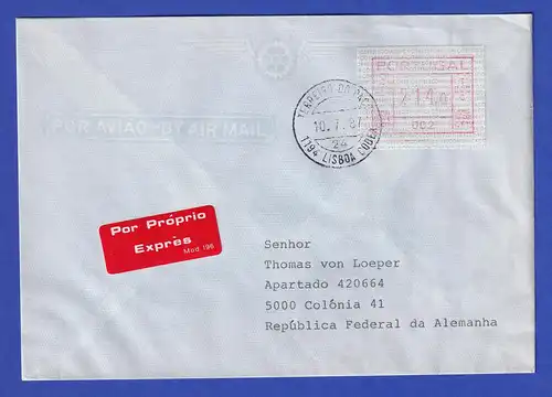 Portugal Frama-ATM Nr. 002 Wert 214,0 auf R-Brief vom Letzttag 10.7.1987
