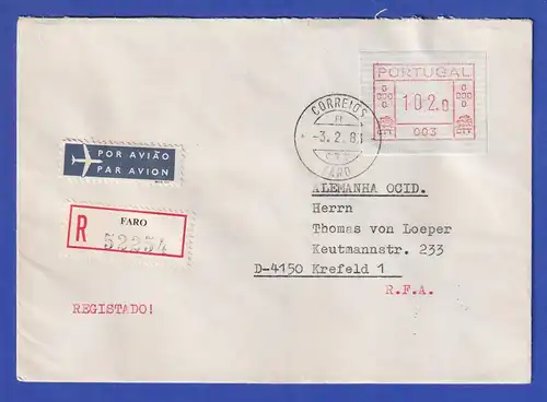 Portugal Frama-ATM 1981, R-Brief mit ATM 003 102,0 aus OA und Orts-O 3.2.83 