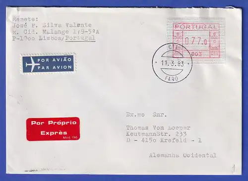 Portugal Frama-ATM 1981 Aut.-Nr. 003  Eil-Brief mit ATM vom OA, aber VS-Stempel