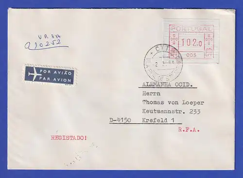 Portugal Frama-ATM 1981 Aut.-Nr. 005  R-Brief mit ATM vom OA und Orts-O 2.2.83