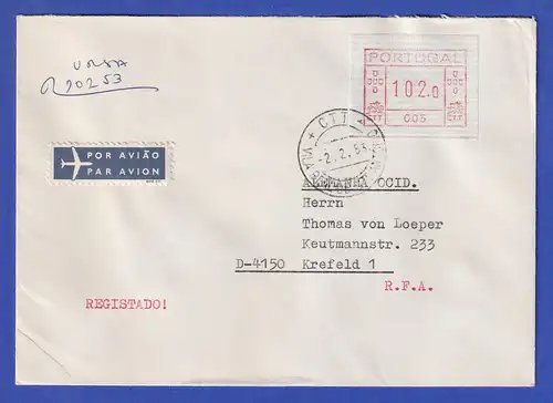 Portugal Frama-ATM 1981 Aut.-Nr. 005  R-Brief mit ATM aus OA und Orts-O 2.2.83
