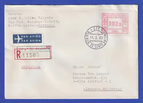 Portugal Frama-ATM 1981 Aut.-Nr. 005  R-Brief mit ATM aus OA und VS-O 11.3.83