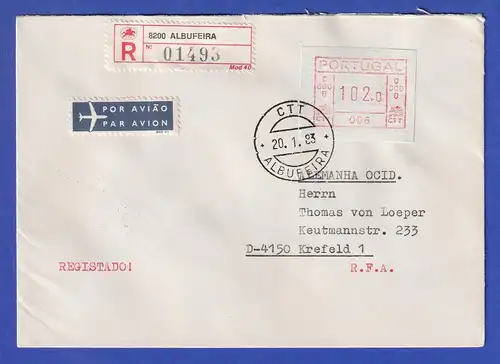Portugal Frama-ATM 1981 Aut.-Nr. 006  R-Brief mit ATM vom OA und Orts-O 20.1.83