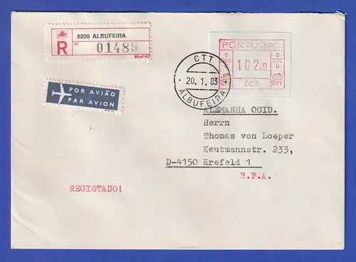 Portugal Frama-ATM 1981 Aut.-Nr. 006  R-Brief mit ATM aus OA und Orts-O 20.1.83