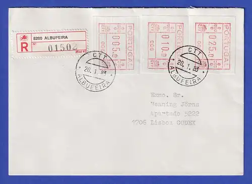 Portugal Frama-ATM 1981 Aut.-Nr. 006 R-Brief mit 3 ATM aus OA und Orts-O 20.1.83