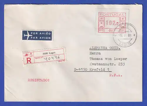 Portugal Frama-ATM 1981 Aut.-Nr. 007  R-Brief mit ATM aus OA und Orts-O 19.1.83