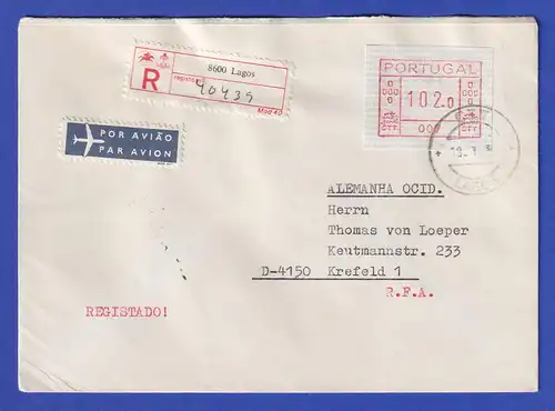 Portugal Frama-ATM 1981 Aut.-Nr. 007  R-Brief mit ATM vom OA und Orts-O 19.1.83
