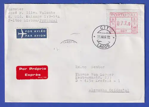 Portugal Frama-ATM 1981 Aut.-Nr. 007  Eil-Brief mit ATM aus OA und VS-O 11.3.83
