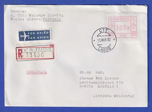 Portugal Frama-ATM 1981 Aut.-Nr. 007  R-Brief mit ATM vom OA und VS-O 11.3.83