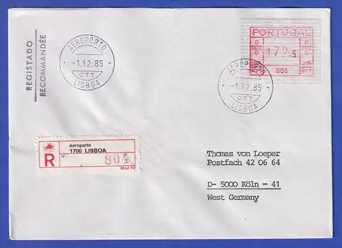 Portugal Frama-ATM Aut.-Nr. 008  R-Brief mit ATM 172,5 vom Ersttag , 1.12.85