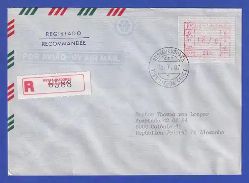 Portugal Frama-ATM Aut.-Nr. 010 R-Brief mit ATM 187,0 vom Ersttag 15.7.87