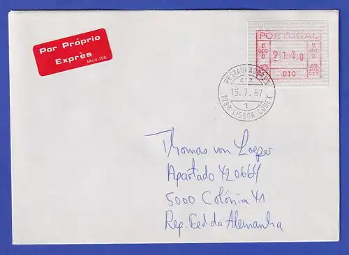 Portugal Frama-ATM Aut.-Nr. 010 Express-Brief mit ATM 214,0 vom Ersttag 15.7.87