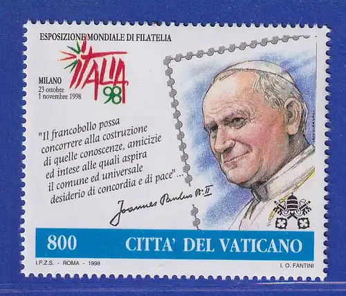 Vatikan 1998 Mi.-Nr. 1256 Einzelmarke  ** Briefmarkenausstellung ITALIA `98