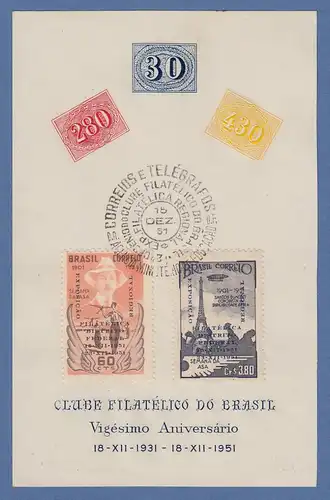 Brasil 1951 Folha comemorativa clube filatélico do Brasil Vigésimo Aniversário
