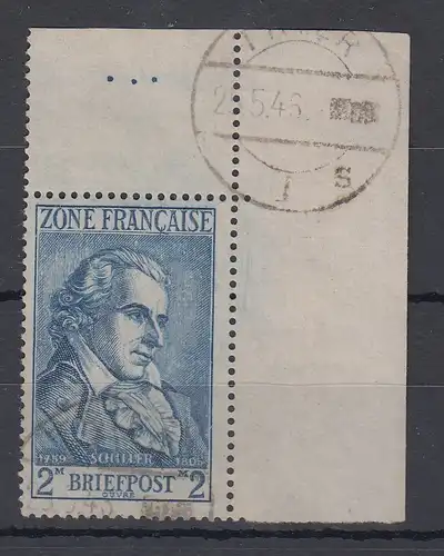 Franz. Zone 1946 2 Mark Schiller  Mi.-Nr. 12 Eckrandstück OR gestempelt gepr. 