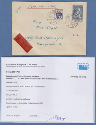 Französische Zone Allg. Ausgabe Mi.-Nr. 12 mit Leerfeld auf portoger. V-Brief