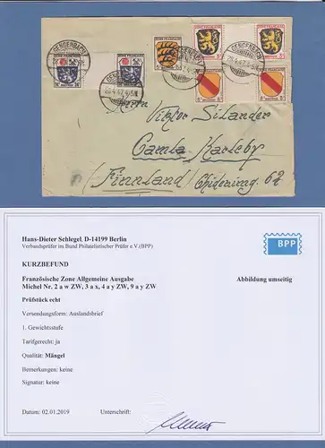 Franz. Zone Allg. Ausgabe tarifger. Brief nach Finnland mit 3 Zwischenstegpaaren