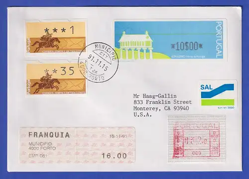 Portugal Brief in die USA mit Frama-, Klüssendorf- und Monetel-ATM, O 15.11.91