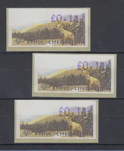 Zypern Amiel-ATM 1999, Mi-Nr. 2,  Auflage B  Set 3 Atm Wert 0,11 untersch. hoch