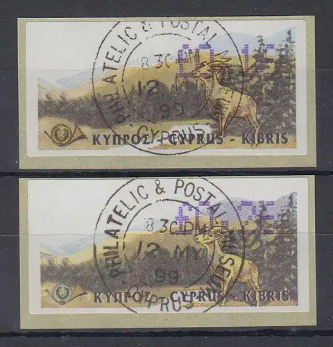 Zypern Amiel-ATM 1999, Mi-Nr. 2 mit ET-O je eine ATM Auflage A und B ! 