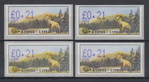 Zypern Amiel-ATM 1999  Mi-Nr. 4 Aut.-Nr. 001 - 002 - 003 - 004 je Wert 0,21 **