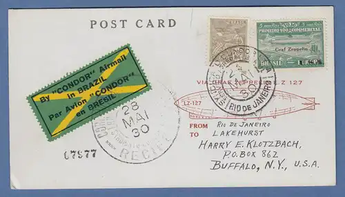 Brasilien Zeppeliin-Postkarte 1930 gelaufen von Rio nach Buffalo NY, Mi.-Nr. Zp4